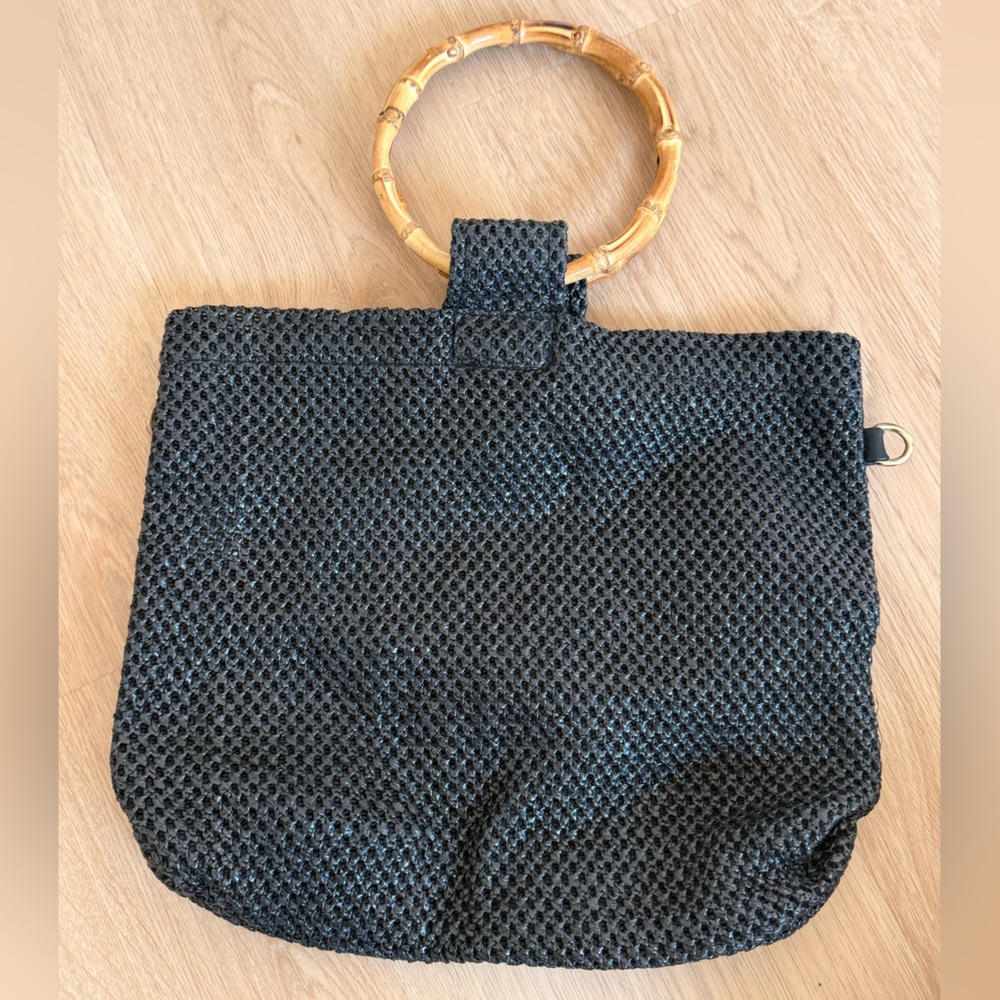 Black Woven Tote Bag with Bamboo Handle